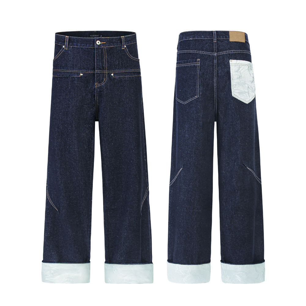Color blocked pockets, rolled edges, denim straight leg pants - armonhaven.com