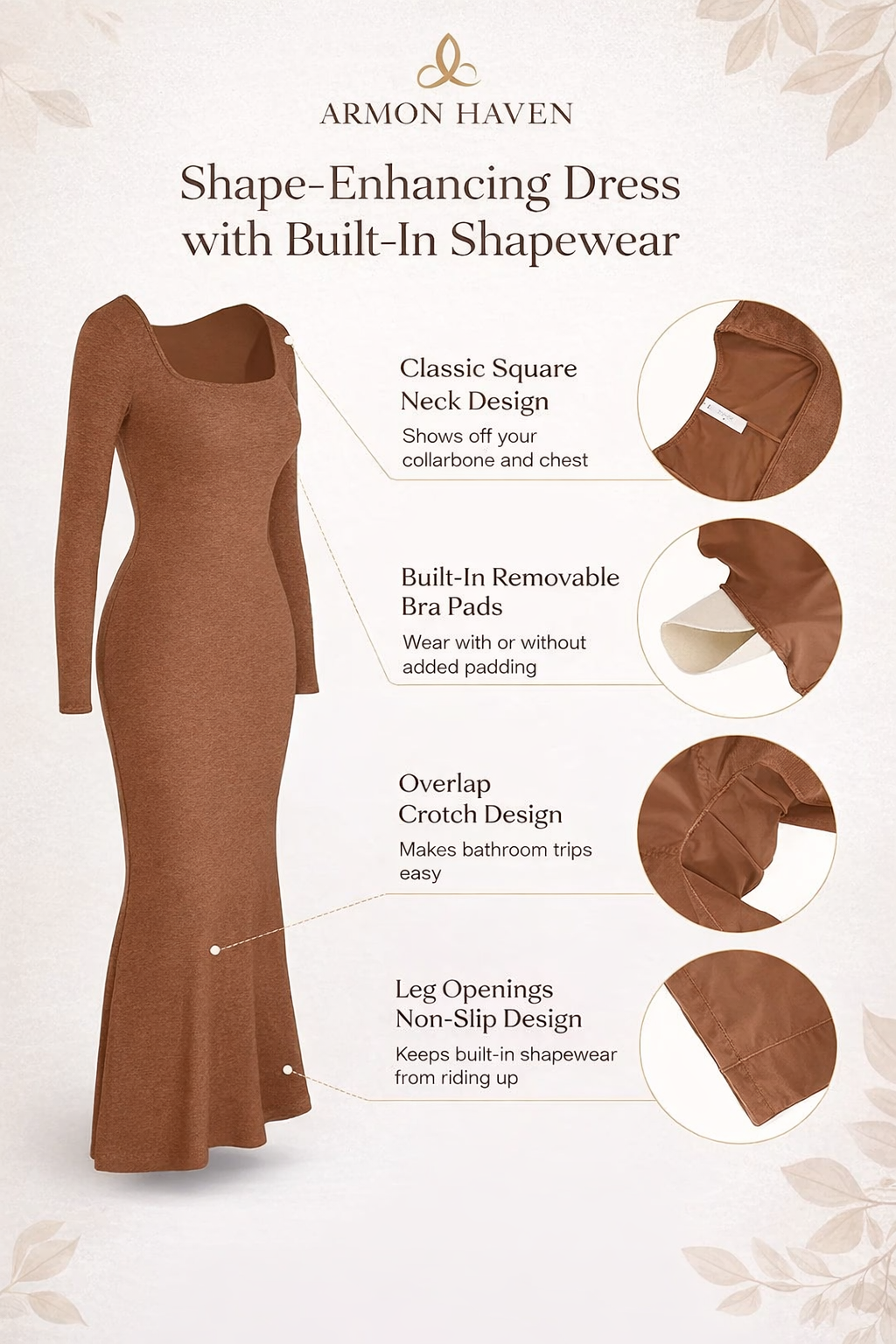 Built-In Shapewear Square Neck Long Sleeve Maxi Dress - armonhaven.com