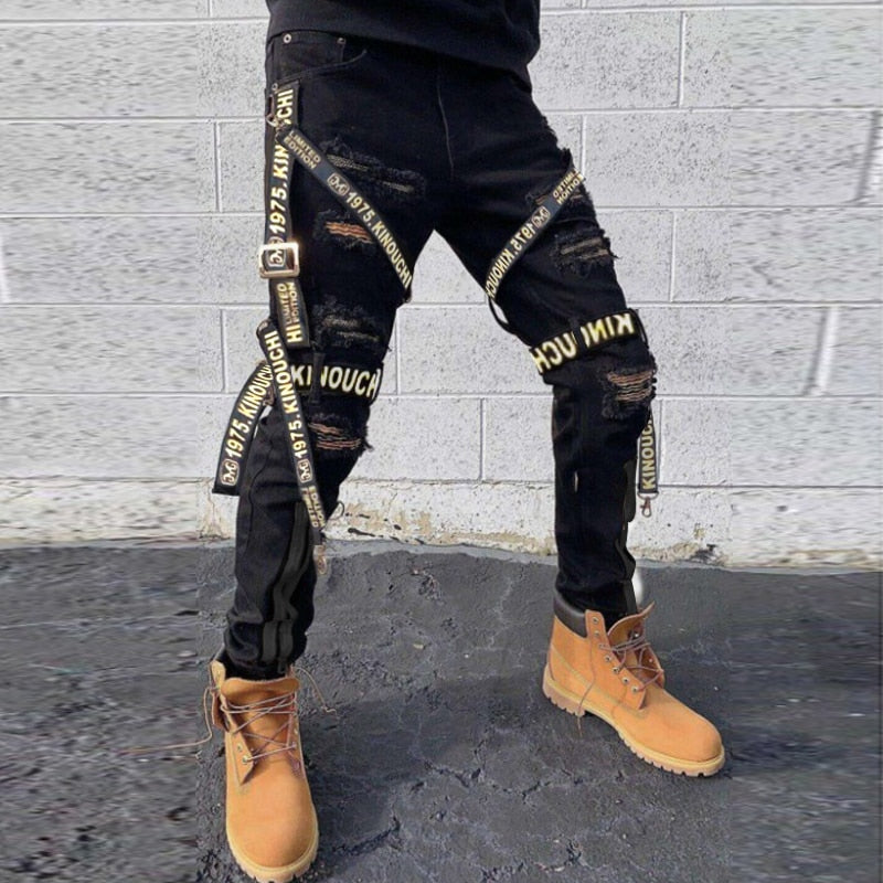 Mens Skinny Strapped Cargo Jeans- Black & Cream - armonhaven.com