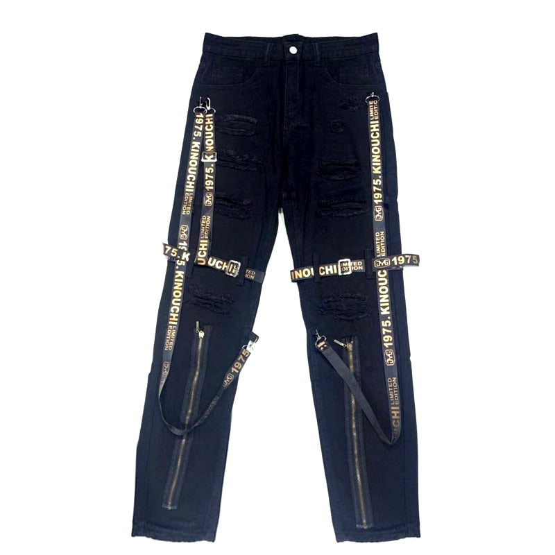 Mens Skinny Strapped Cargo Jeans- Black & Cream - armonhaven.com