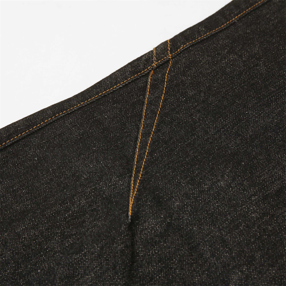 Color blocked pockets, rolled edges, denim straight leg pants - armonhaven.com