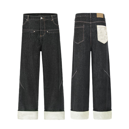 Color blocked pockets, rolled edges, denim straight leg pants - armonhaven.com