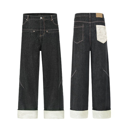 Color blocked pockets, rolled edges, denim straight leg pants - armonhaven.com