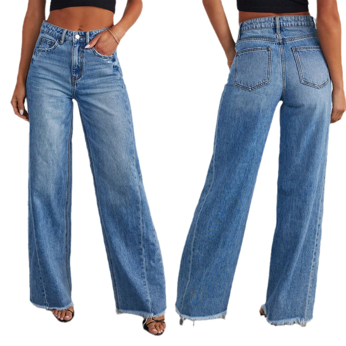 Loose wide leg side seam splicing, brushed hem denim jeans for women - armonhaven.com