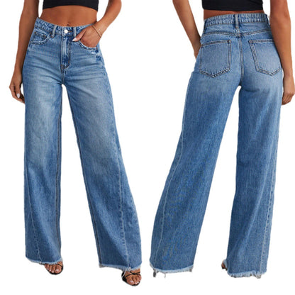 Loose wide leg side seam splicing, brushed hem denim jeans for women - armonhaven.com