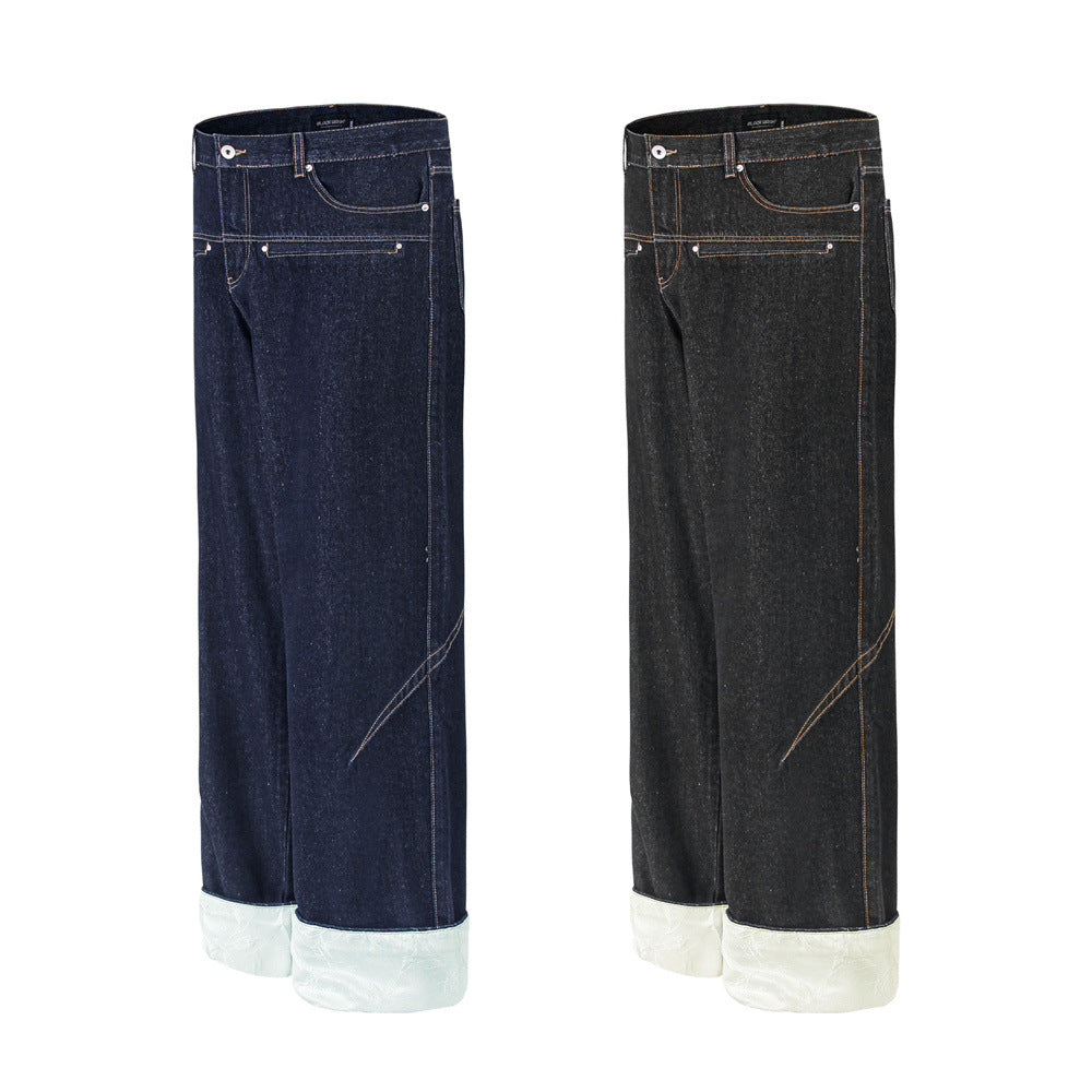 Color blocked pockets, rolled edges, denim straight leg pants - armonhaven.com