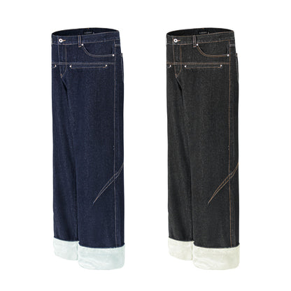 Color blocked pockets, rolled edges, denim straight leg pants - armonhaven.com