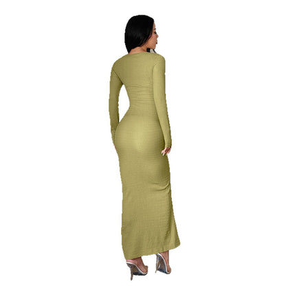 Spring Solid Color Simple Long Sleeve Dress - armonhaven.com