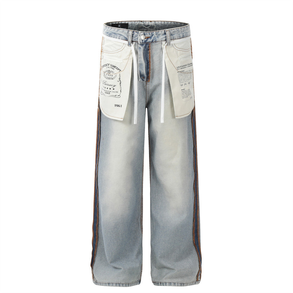 Splicing washed wide leg denim pants - armonhaven.com