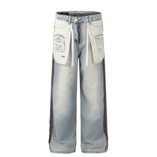 Splicing washed wide leg denim pants - armonhaven.com