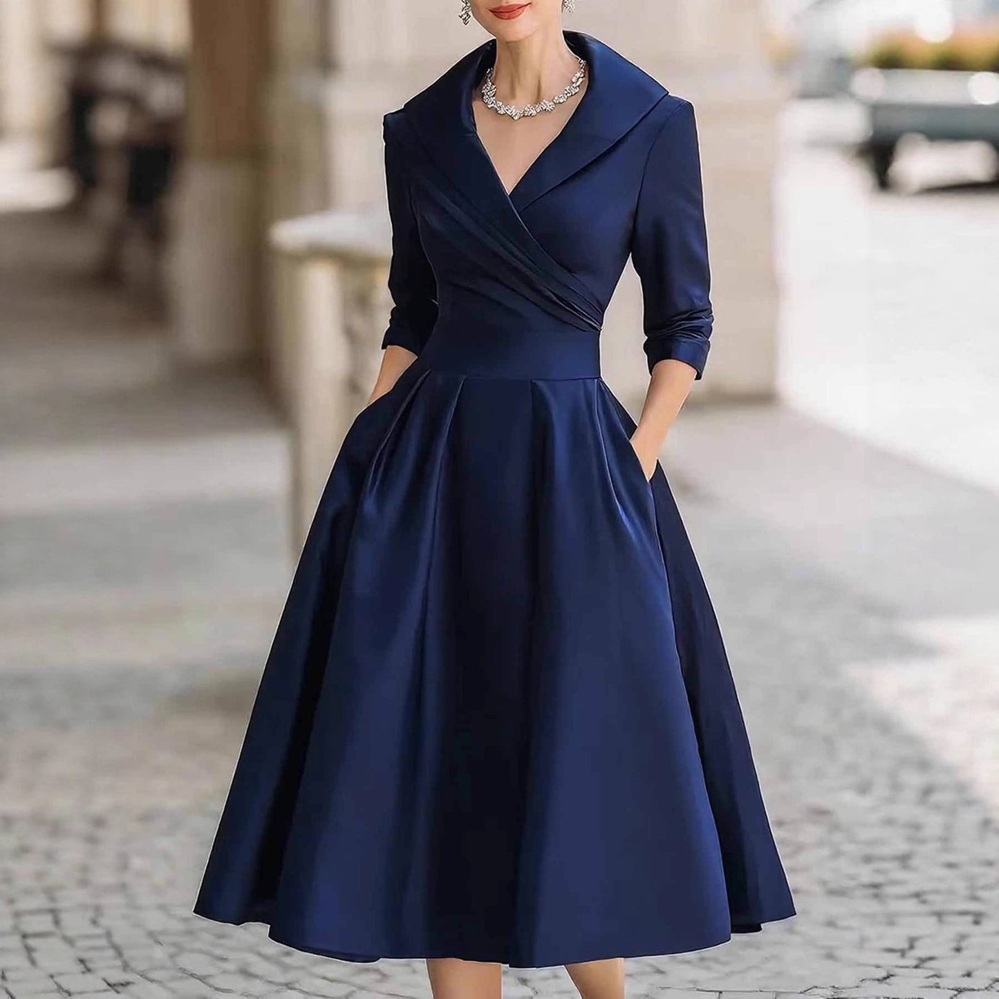 Spring Elegant Satin Long Sleeve Belted Dress - armonhaven.com