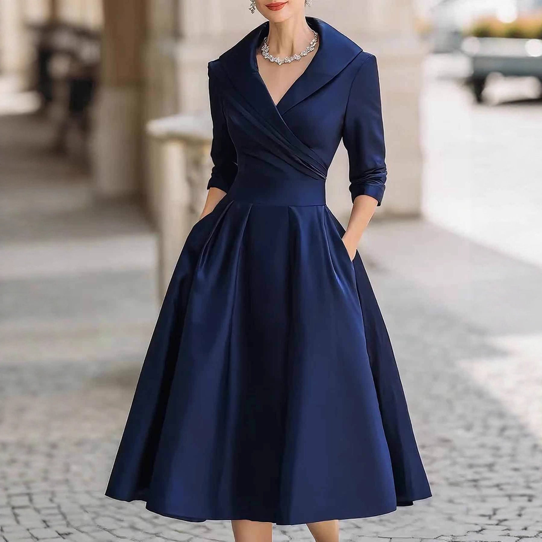 Spring Elegant Satin Long Sleeve Belted Dress - armonhaven.com