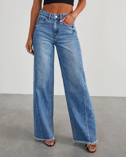 Loose wide leg side seam splicing, brushed hem denim jeans for women - armonhaven.com