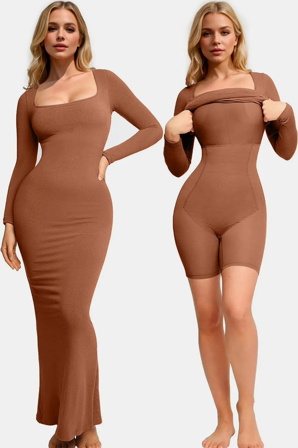 Built-In Shapewear Square Neck Long Sleeve Maxi Dress - armonhaven.com