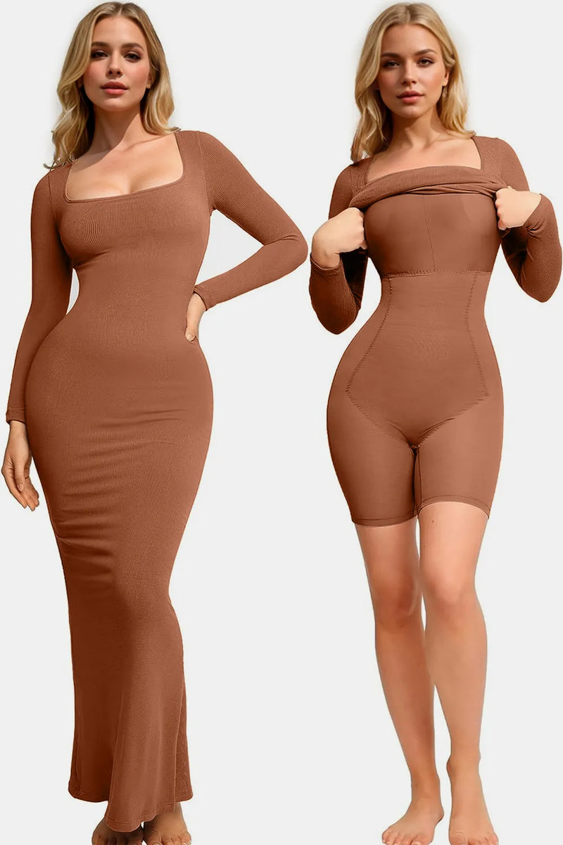Built-In Shapewear Square Neck Long Sleeve Maxi Dress - armonhaven.com