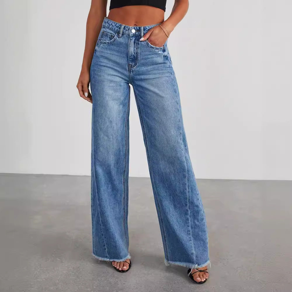 Loose wide leg side seam splicing, brushed hem denim jeans for women - armonhaven.com