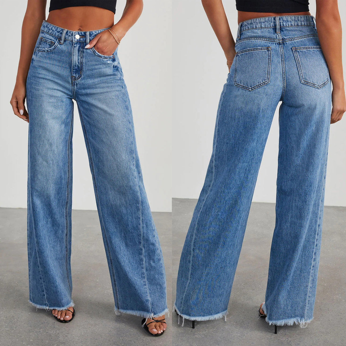 Loose wide leg side seam splicing, brushed hem denim jeans for women - armonhaven.com