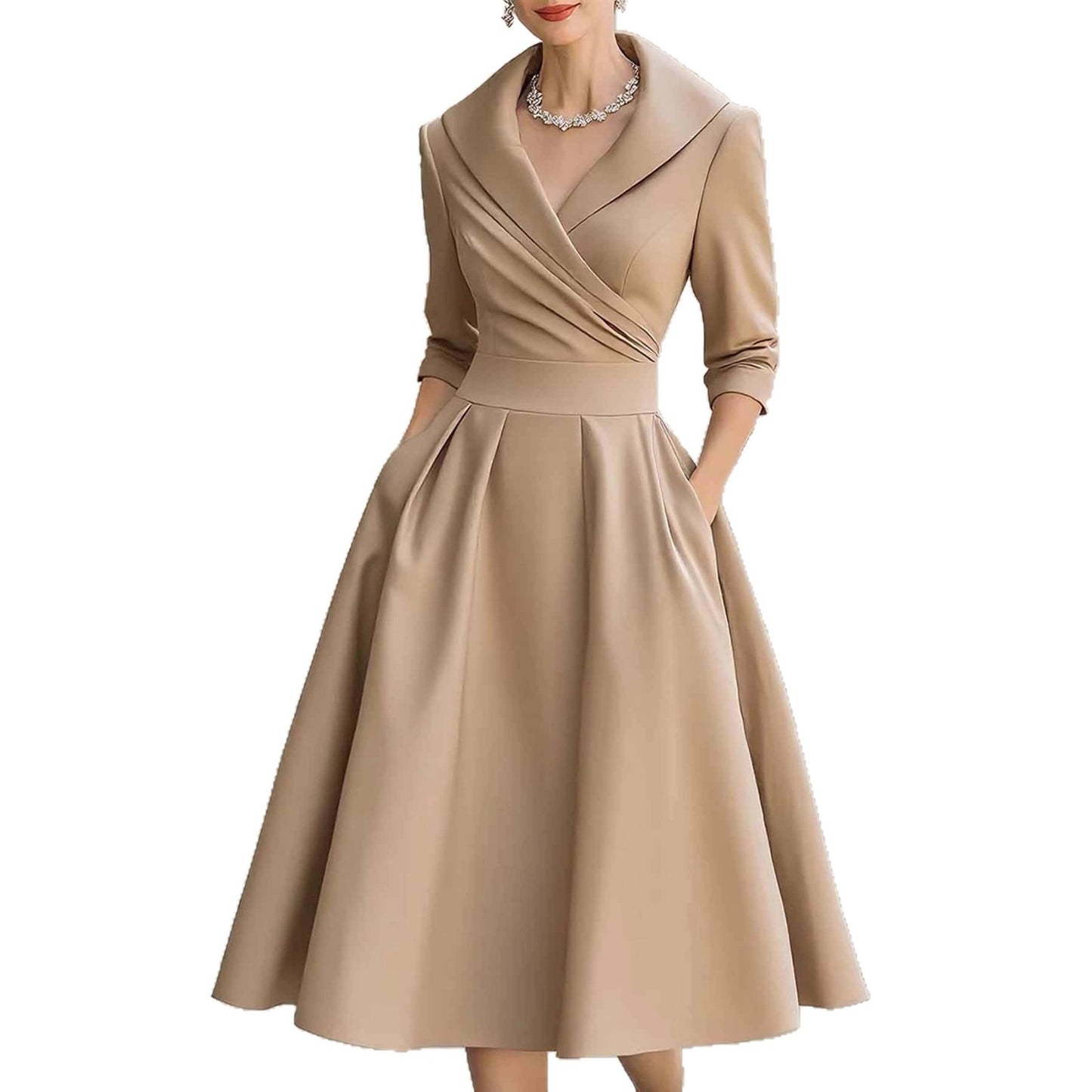 Spring Elegant Satin Long Sleeve Belted Dress - armonhaven.com