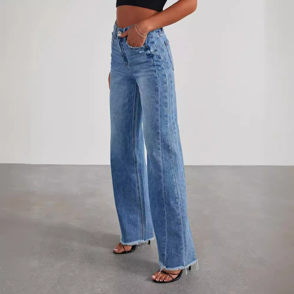 Loose wide leg side seam splicing, brushed hem denim jeans for women - armonhaven.com
