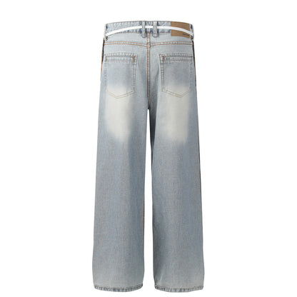 Splicing washed wide leg denim pants - armonhaven.com