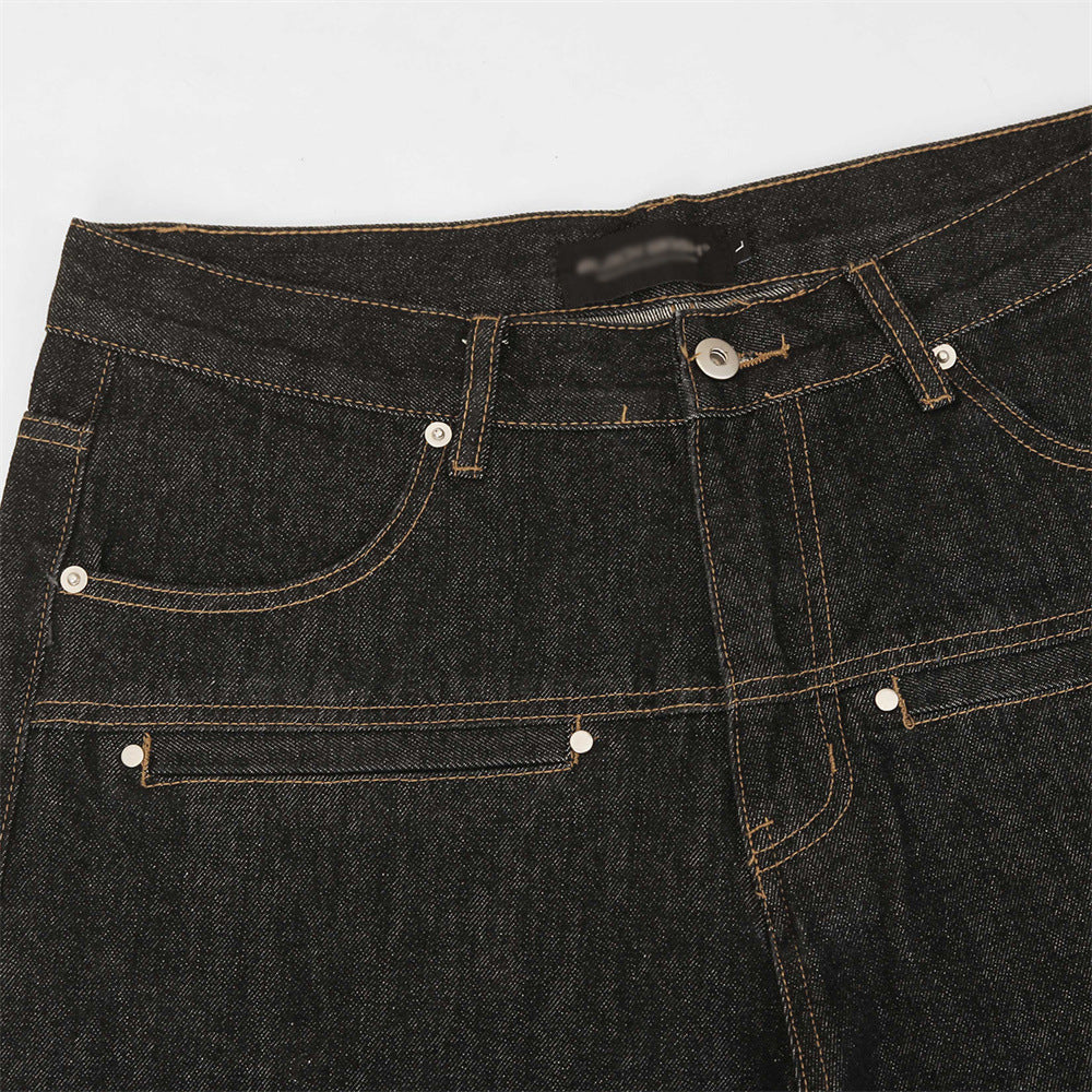 Color blocked pockets, rolled edges, denim straight leg pants - armonhaven.com