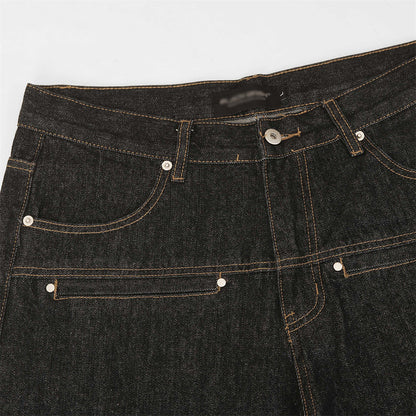 Color blocked pockets, rolled edges, denim straight leg pants - armonhaven.com