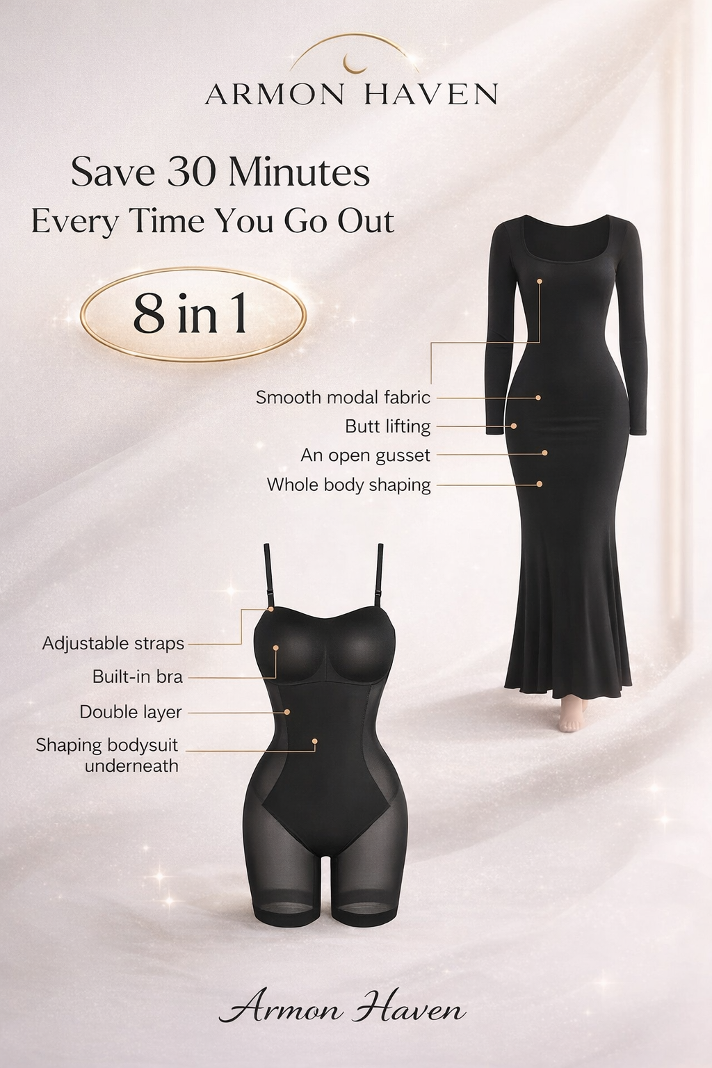 Built-In Shapewear Square Neck Long Sleeve Maxi Dress - armonhaven.com
