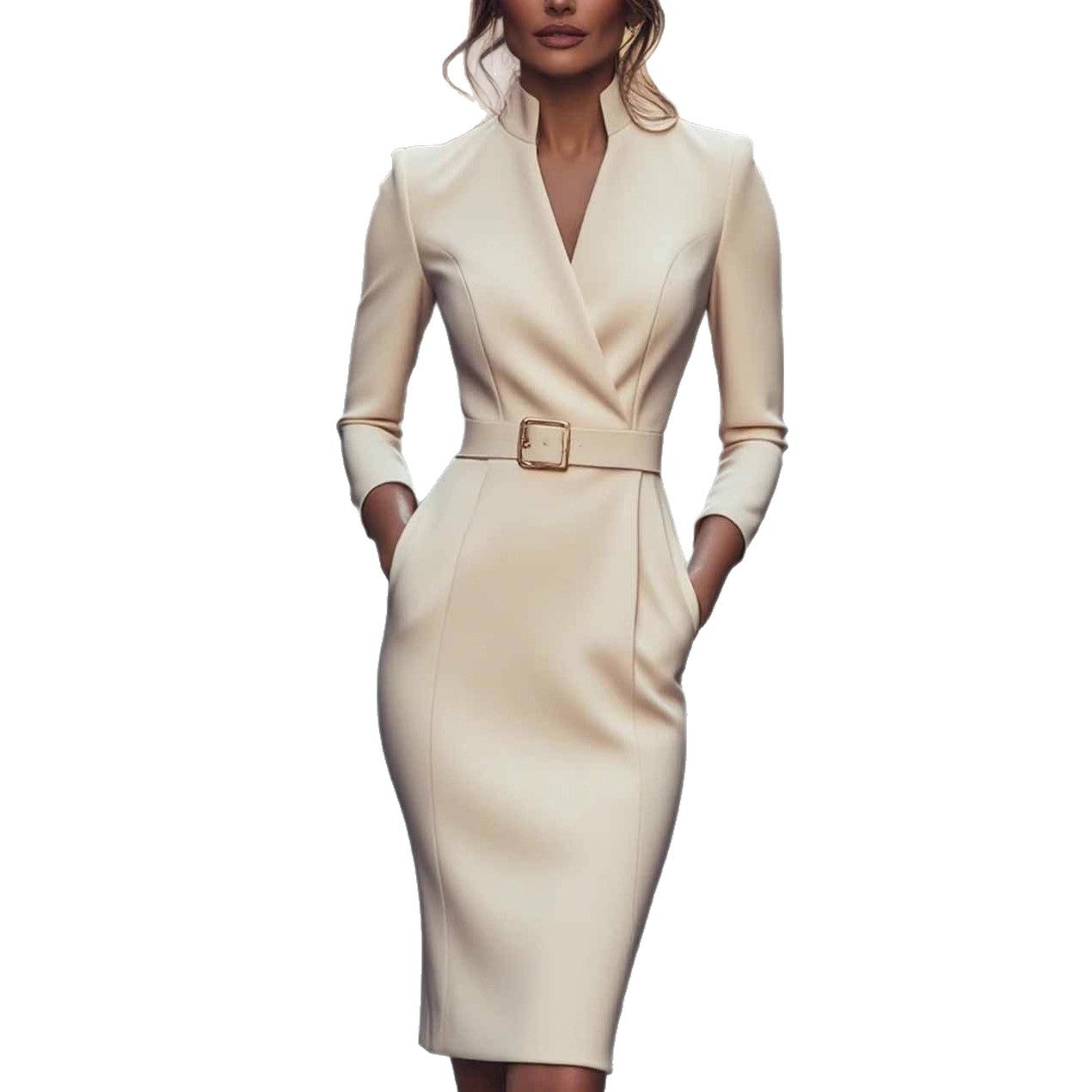 Elegant Spring Long Sleeve Pocket Dress with Belt - armonhaven.com