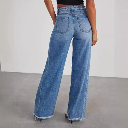 Loose wide leg side seam splicing, brushed hem denim jeans for women - armonhaven.com
