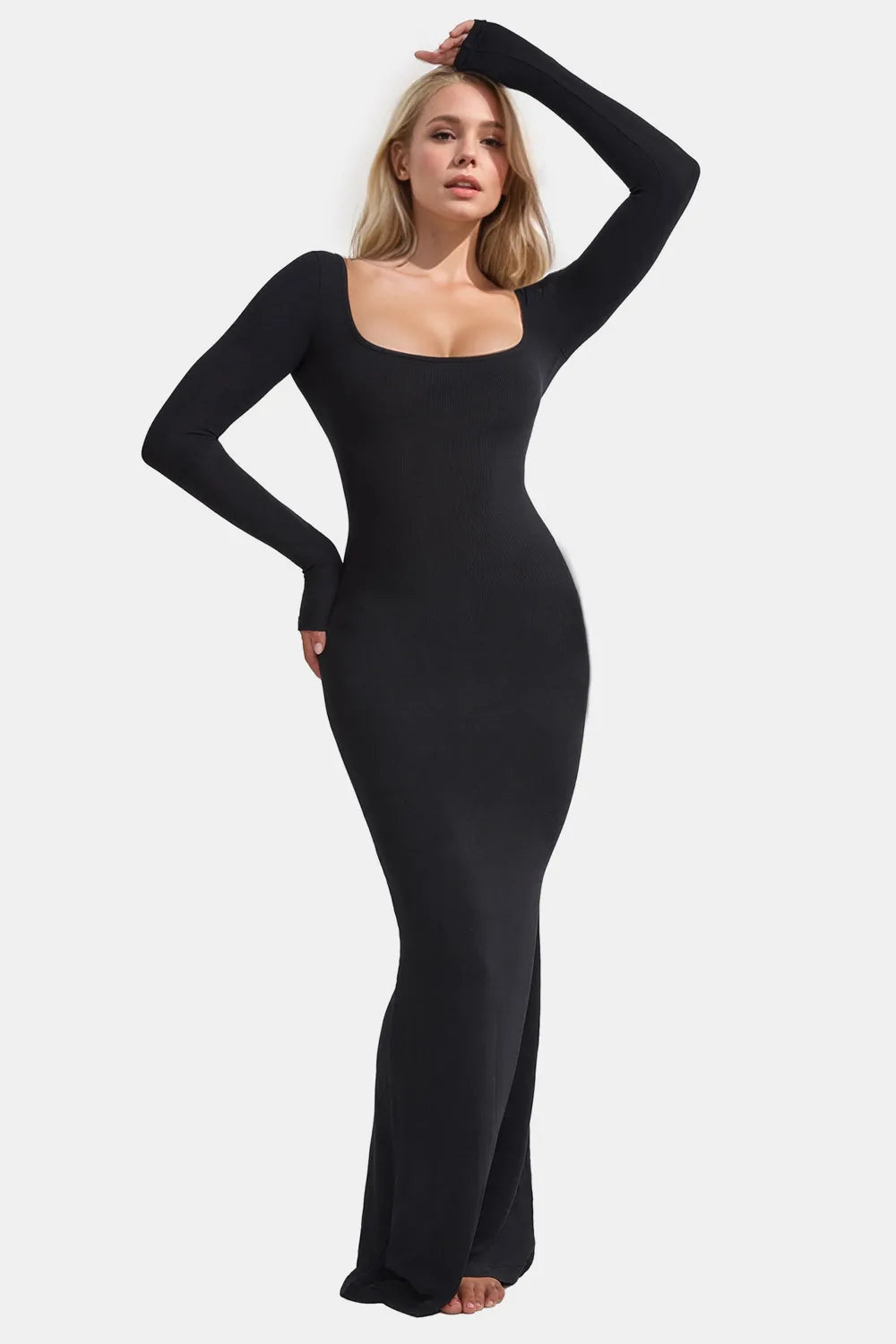 Built-In Shapewear Square Neck Long Sleeve Maxi Dress - armonhaven.com