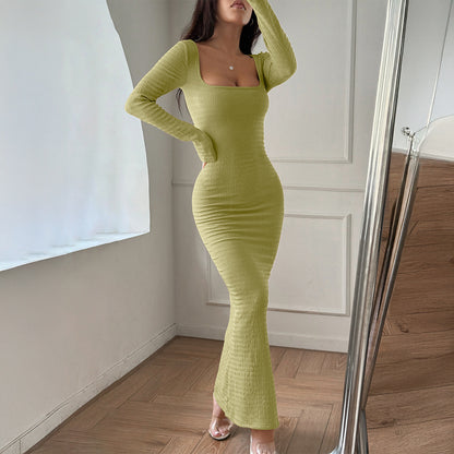 Spring Solid Color Simple Long Sleeve Dress - armonhaven.com