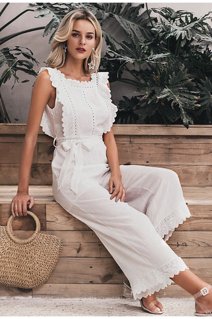 Linen Ruffled Embroidered Jumpsuit